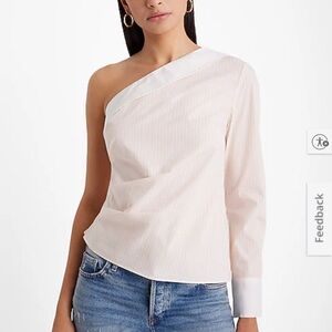 Express White poplin striped collar One-Shoulder draped cotton top Blouse NWT